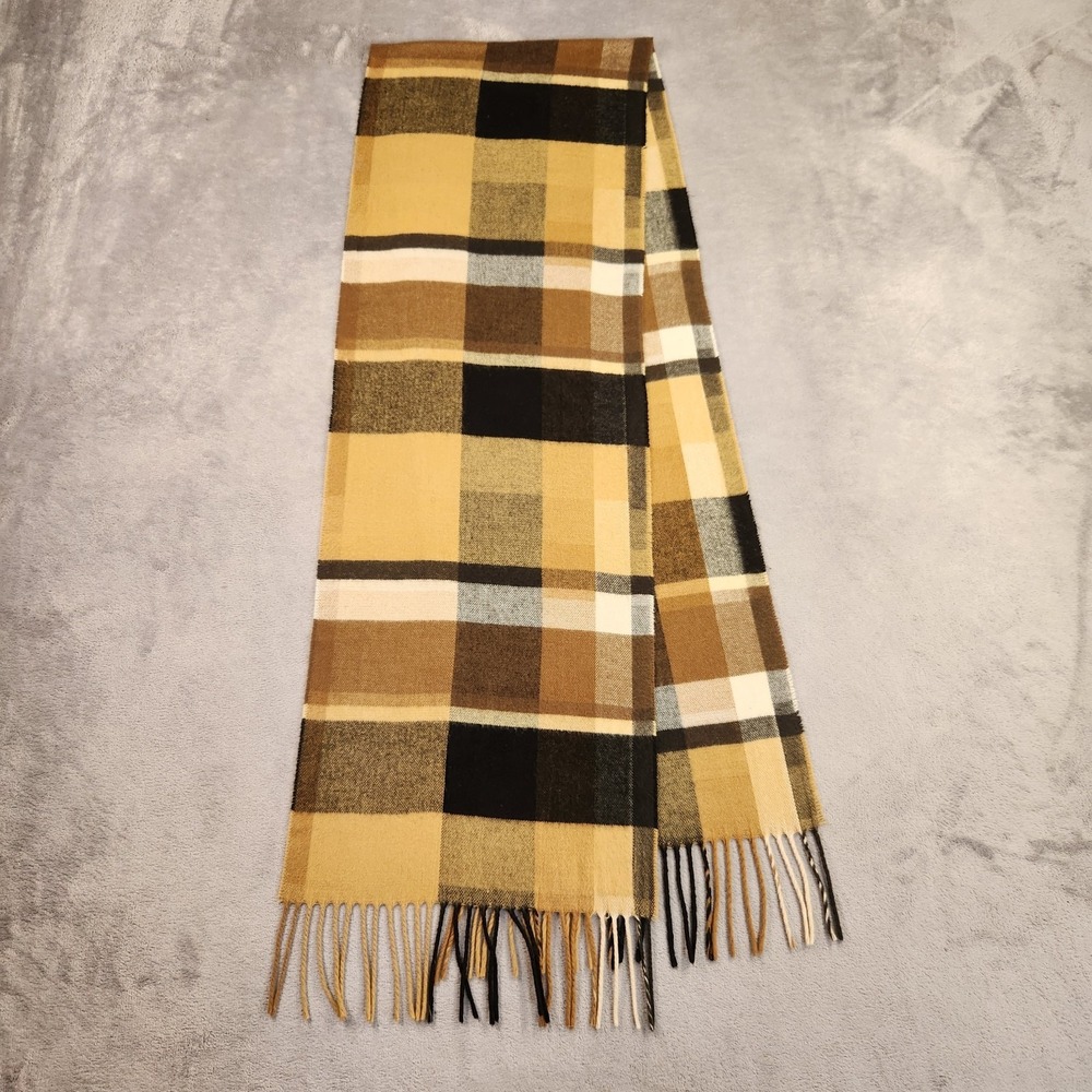 V. Fraas Cashmink Plaid Scarf Camel Black Brown Tan Fringe Made in Germany